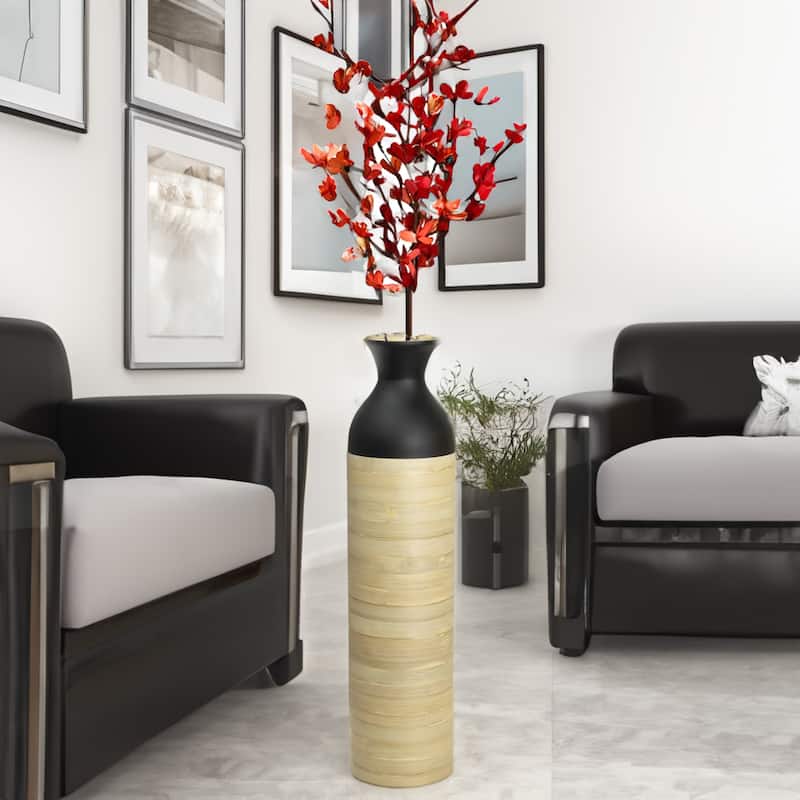 Elegant Black or White Cylinder Shaped Tall Spun Bamboo Floor Vases, Natural Bamboo Finish Heights of 31 and 23.5 Inches