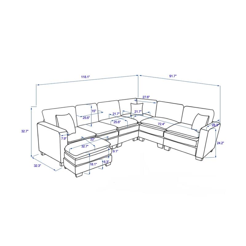 Modular Sectional Sofa for Living Room, U Shaped Sofa Couch with Ottoman and Three Toss Pillows, Corduroy Fabric Sofa Set