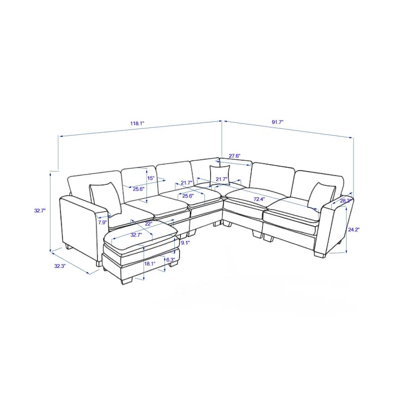 Orange 118.1'' Luxurious U-Shaped 6-Seat Sectional Sofa with Ottoman and 3 Throw Pillows, Durable Corduroy Upholstery