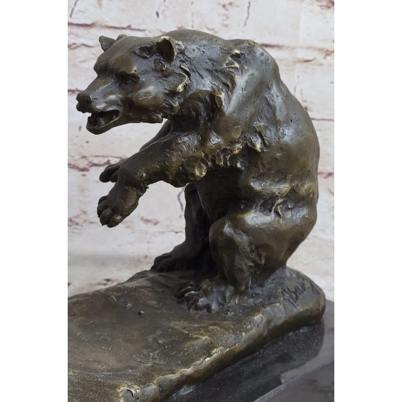 Bear Vs. American Buffalo Bison Bronze Metal Statue Sculpture On Marble Base