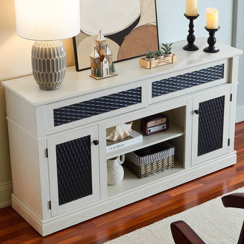 58.27" Embossed Pattern TV Stand for TVs up to 65", Sliding Door Media Console with Cabinets, Open Shelf, 8 Cable Cutouts