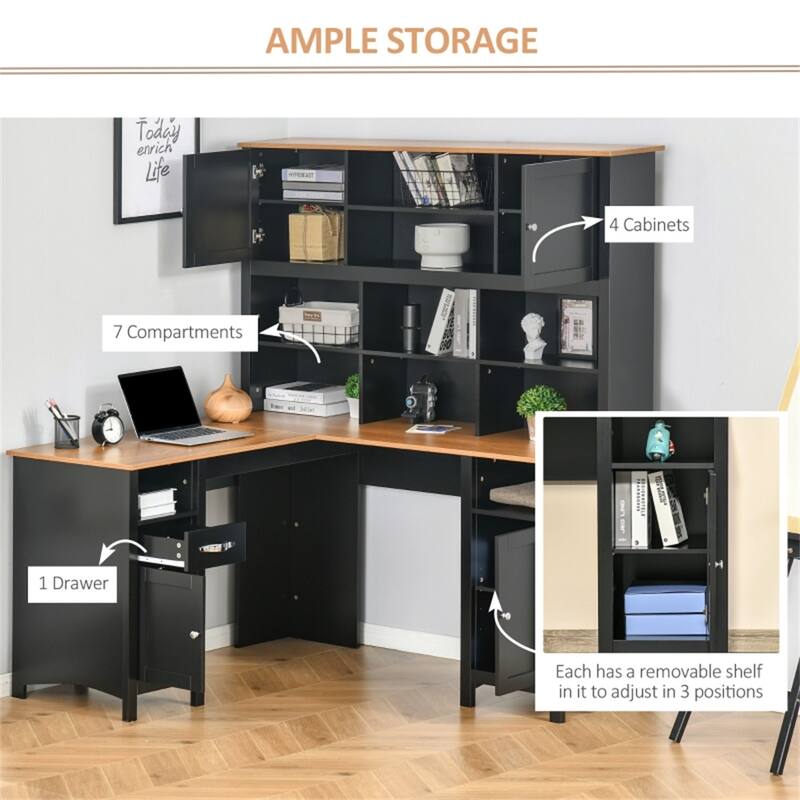 L-Shaped Black Computer Desk with Large Desktop and Storage Shelves for Home or Office