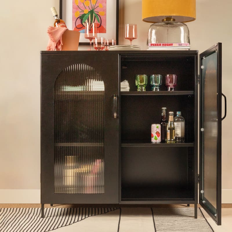 Metal Cabinet with 2 Arched Glass Doors