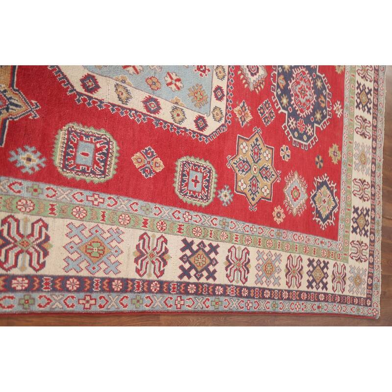 Hand Knotted Oriental 100% Wool Carpet Traditional Geometric Red Kazak Area Rug - 9' 8'' X 6' 3''