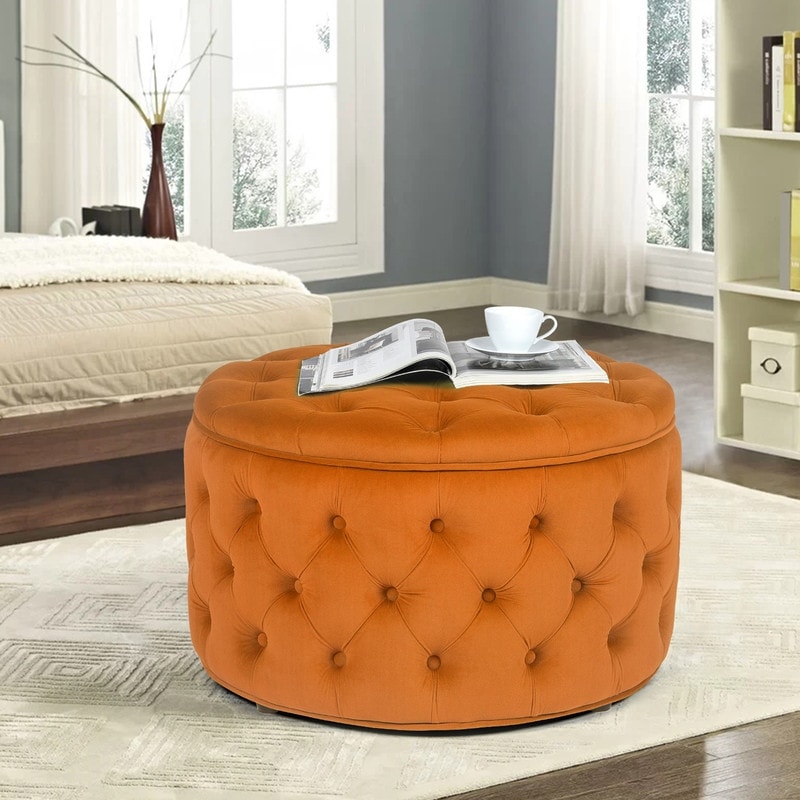 Adeco Round Velvet Button Tufted Storage Ottoman Footrest Footstool
