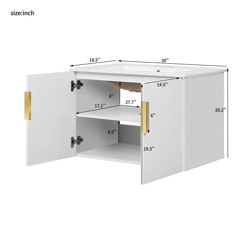 30" Floating Bathroom Vanity with White Integrated Ceramic Sink - 30'' x 18.5'' x 20.1''