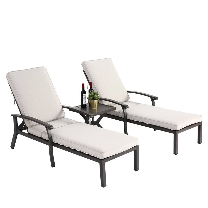 3-Piece Outdoor Cast Aluminum Chaise Lounge Chair Set with Side Table