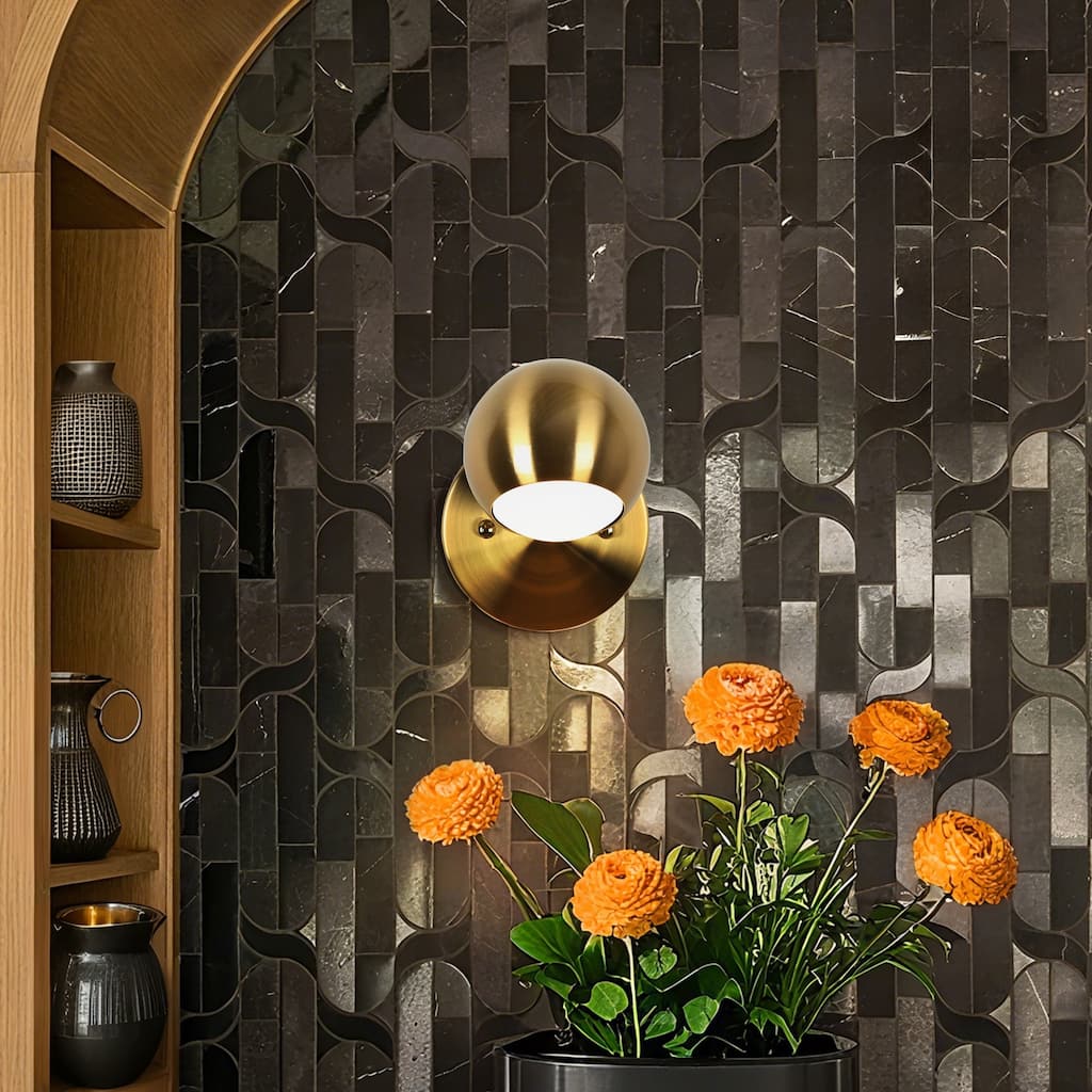 Modern 1-Light Gold Brass LED Wall Sconce Metal Bathroom Vanity Lights with Dome Shade - 4.7" L x 7" W x 8" H