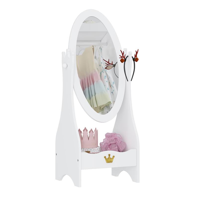 UTEX Kids Full Length Mirror, Wooden Dressing Mirror with Adjustable Viewed, Girl's Vanity Dress-Up Mirror with Storage, White - White