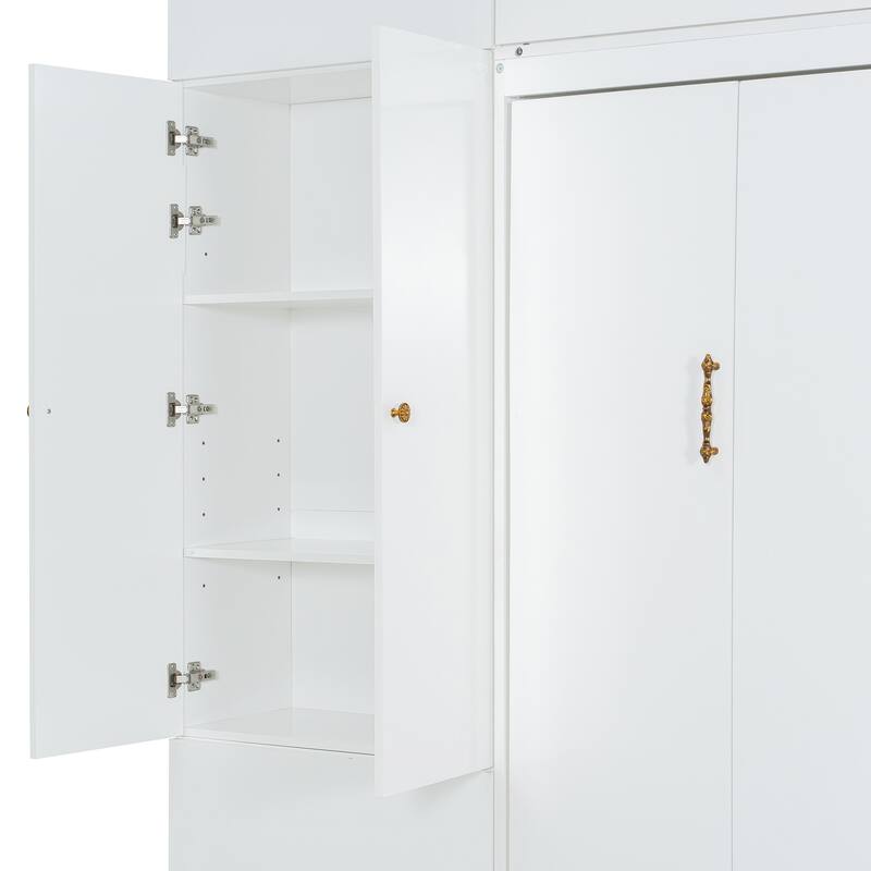 Queen Size Wall Bed with Sofa and Shelves, Space-Saving Design, White Panel, Green Sofa