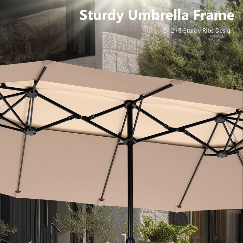 MAISON ARTS 15ft 2-Tier Large Patio Umbrella with Solar Lights, Double-Sided Outdoor Market Umbrellas with Base Included