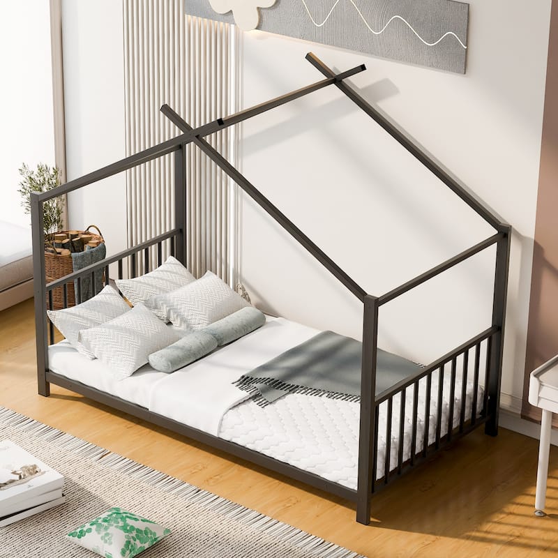 Twin Size Metal House Platform Bed in Black for Kids' Bedroom