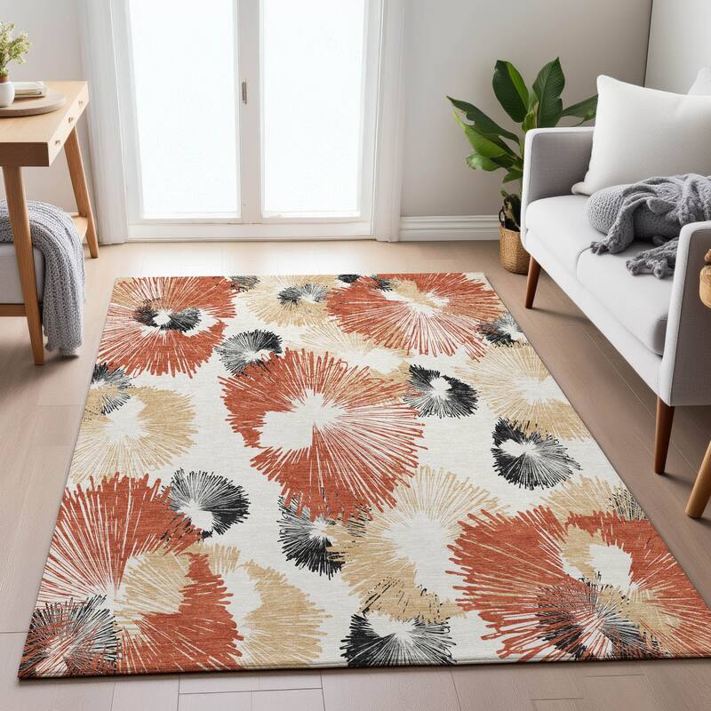 Machine Washable Indoor/Outdoor Modern Floral Chantille Rug