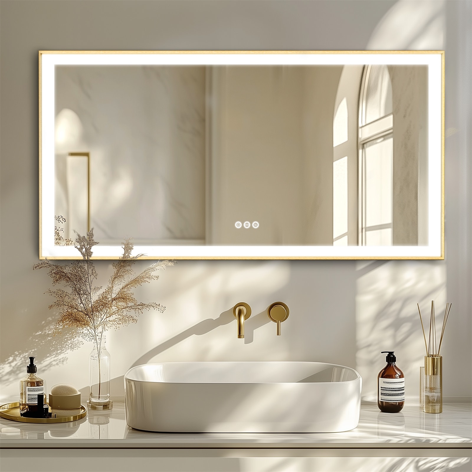 Smart LED Light Bathroom Mirror with Golden Narrow Frame