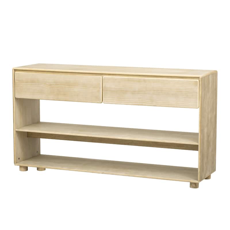 3-Tier Console Table, Pine Veneer Entryway Table with Drawers and Open Storage Shelf, Hallway Table with Solid Wood Legs