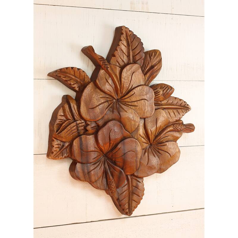 Tropical Hibiscus Wall Art - Hand Carved Wooden Floral Panel, Boho Botanical Decor