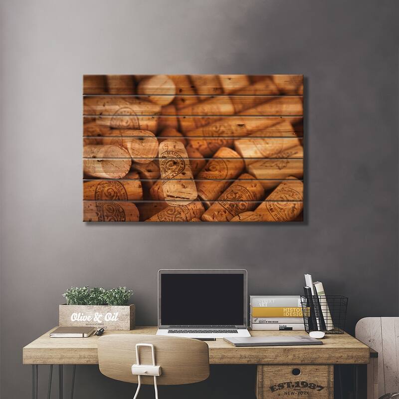 Viu Manent Wine Corks In Zoom Print On Wood by Wendy Kaveney - Multi-Color