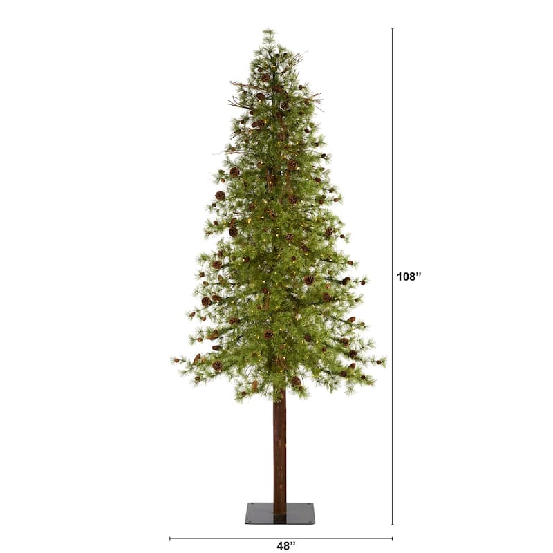 9Ft Artificial Christmas Tree with Lights & Pine Cones - Slim Alpine Holiday Decor - Green - 108