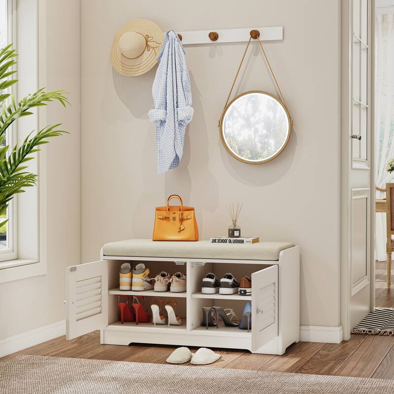 Entryway Bench with Shoe Storage, Shoe Bench with Cushion, Adjustable Shelves