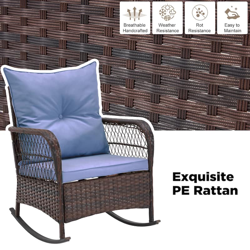 3-Piece Outdoor Rocking/Swivel Chair Set - PE Rattan Patio Furniture with Cushions & Coffee Table, Rocker Chairs for Backyard