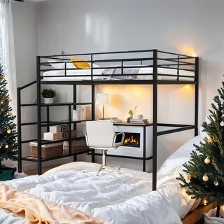 Full Size Metal Loft Bed with Desk and Lateral Storage Ladder, Black