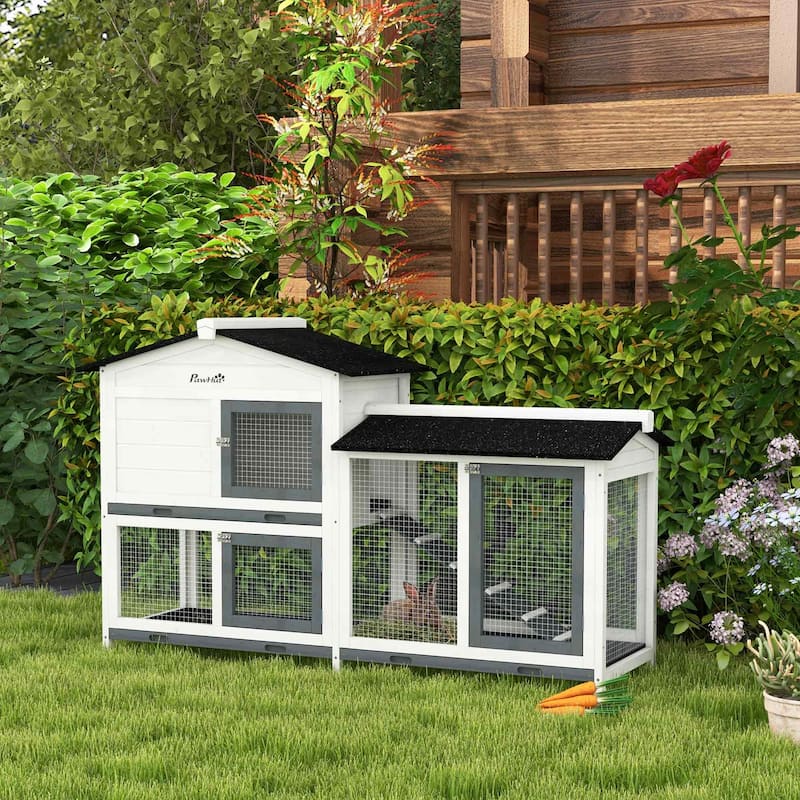 PawHut 2-Story Rabbit Hutch Wooden Bunny Hutch Cage Small Animal House - grey