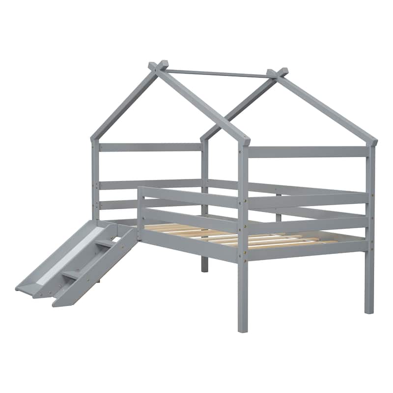 Roomfitters Twin Low Loft House Bed with Slide and Ladder, Safety Guardrails, House Roof Frame, No Box Spring Needed