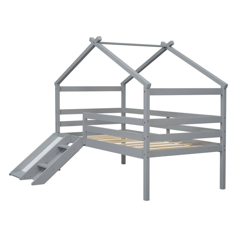 White Twin Low Loft House Bed with Slide, Ladder, Safety Guardrails, House Roof Frame