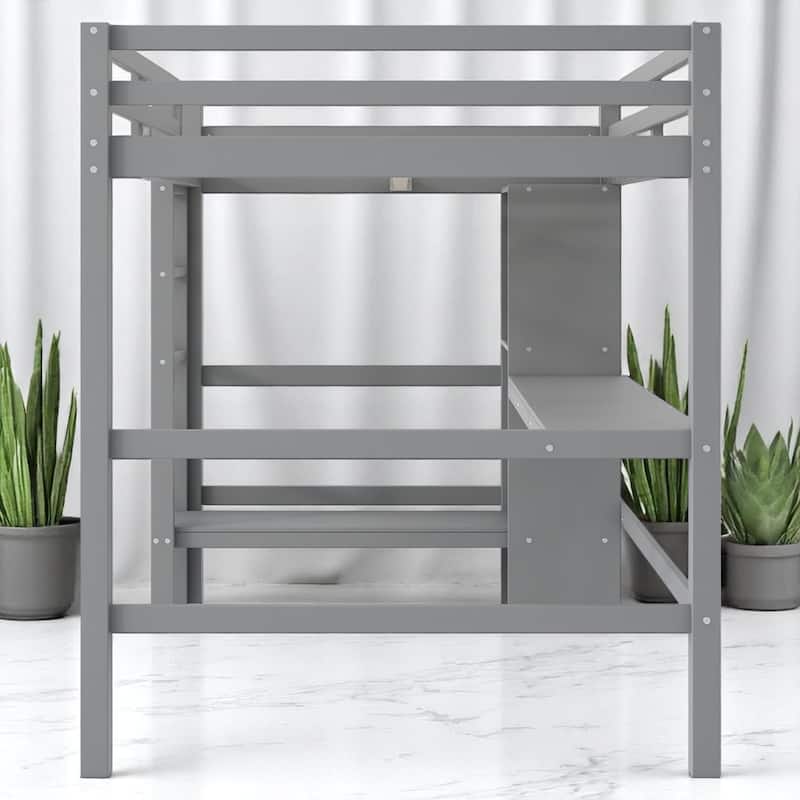 Full Loft Bed with Built-in Desk and Playful Shelves, Modern Wood Frame with Guardrails, Space-Saving Design