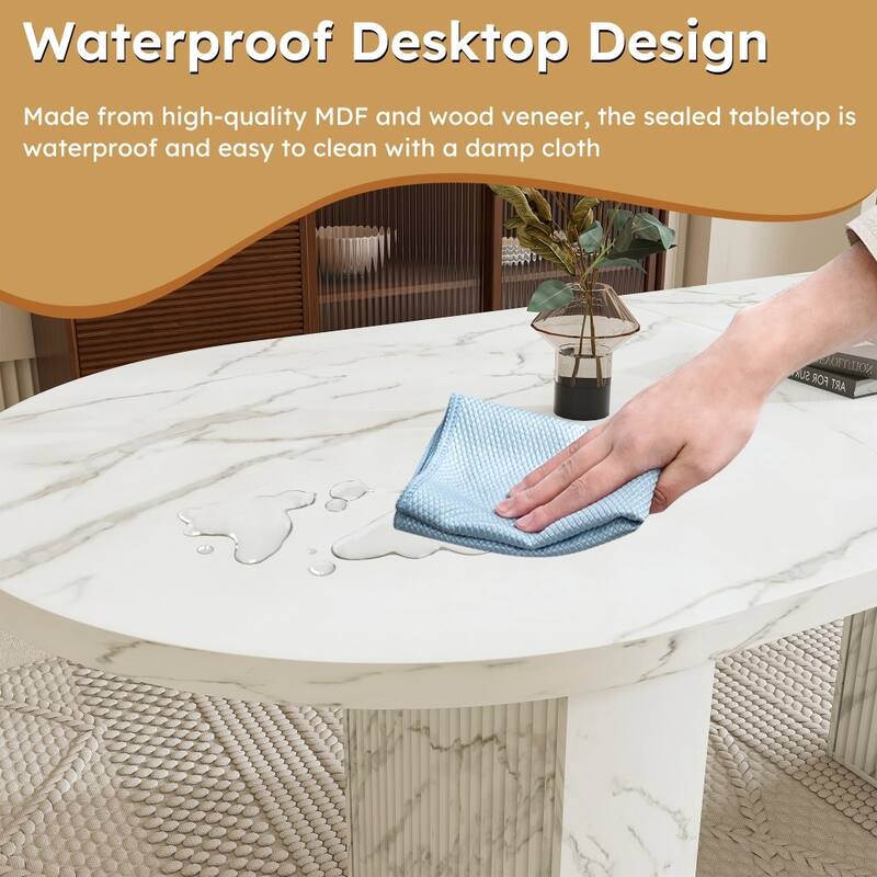 62.9" Oval Marble Top Kitchen Dining Table with Wood Strip Base and Waterproof Scratch Resistant Surface