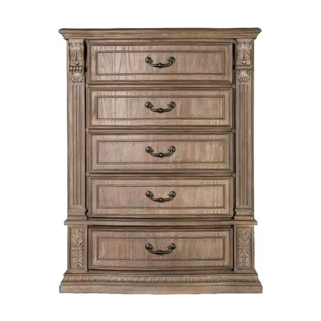 Reven Tall Dresser Chest, 5 Drawers, Weathered Oak Brown Wood, Metal