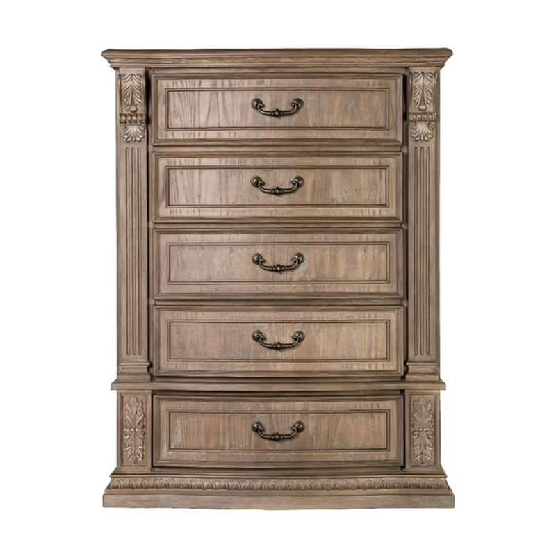 Reven Tall Dresser Chest, 5 Drawers, Weathered Oak Brown Wood, Metal