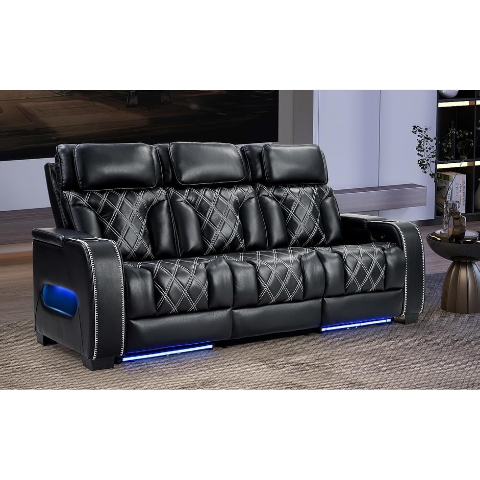 Power Recliner Chair with Adjustable Headrest, Breathable PU Leather Home Theater Seating with Ambient Lighting,Cup Holders