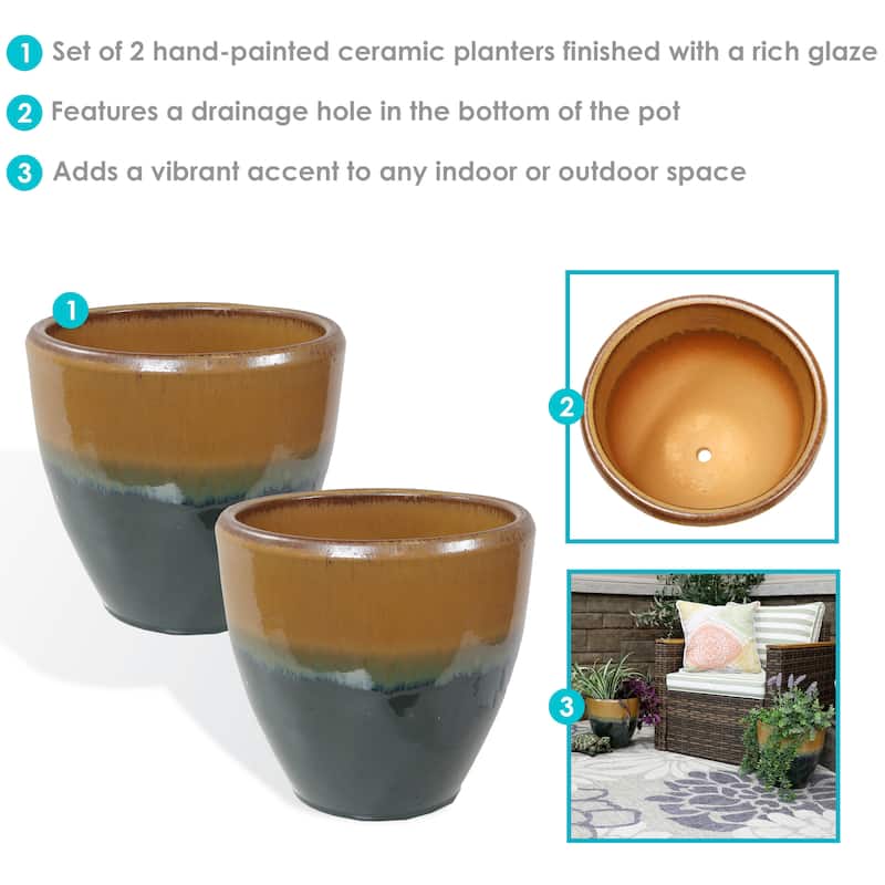 Sunnydaze Glazed Ceramic Planter with Drainage Holes - Set of 2