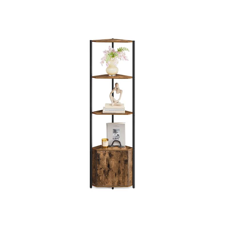 Corner Shelf Cabinet with Steel Frame and 5 Tier Storage - 10"D x 17.5"W x 58"H - Rustic Brown + Ink Black