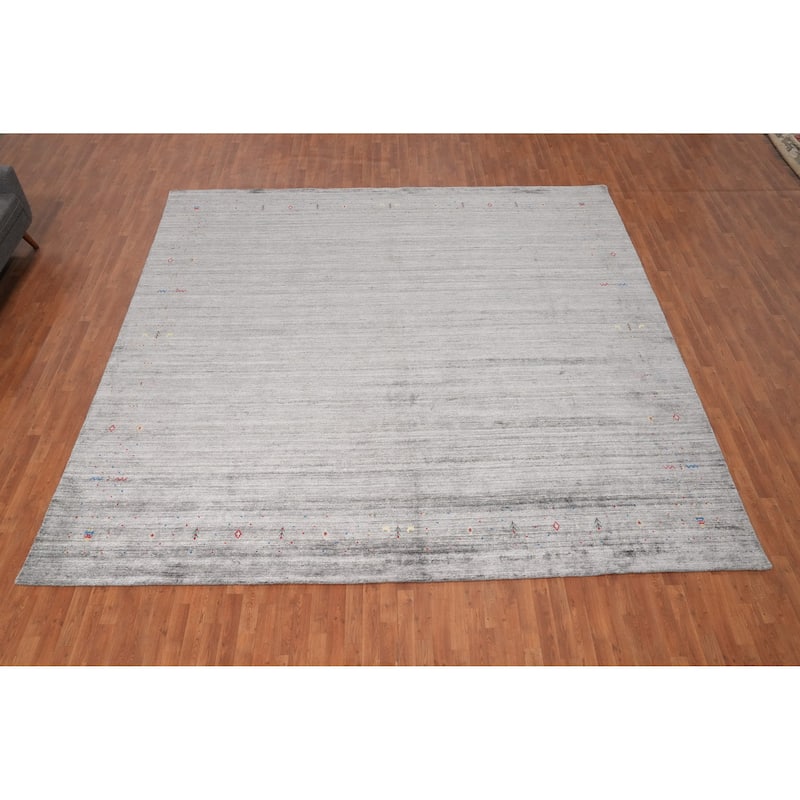 Hand Knotted Oriental Viscose Silk Carpet Tribal Animal Pictorial Greys & Charcoal Gabbeh Area Rug - 11' 10'' X 12' 4''