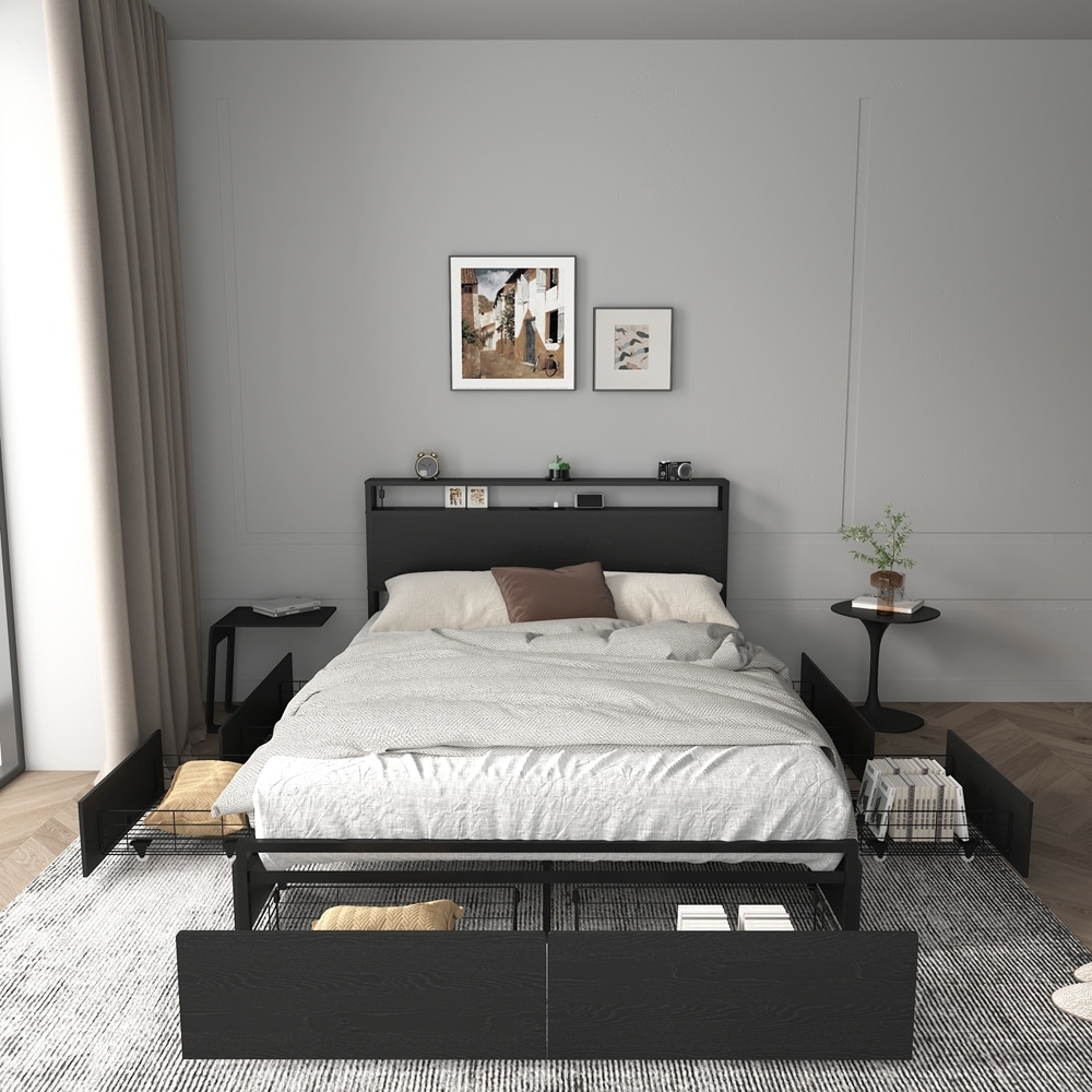 Wooden Metal Platform Bed with Storage Headboard and Charging Station