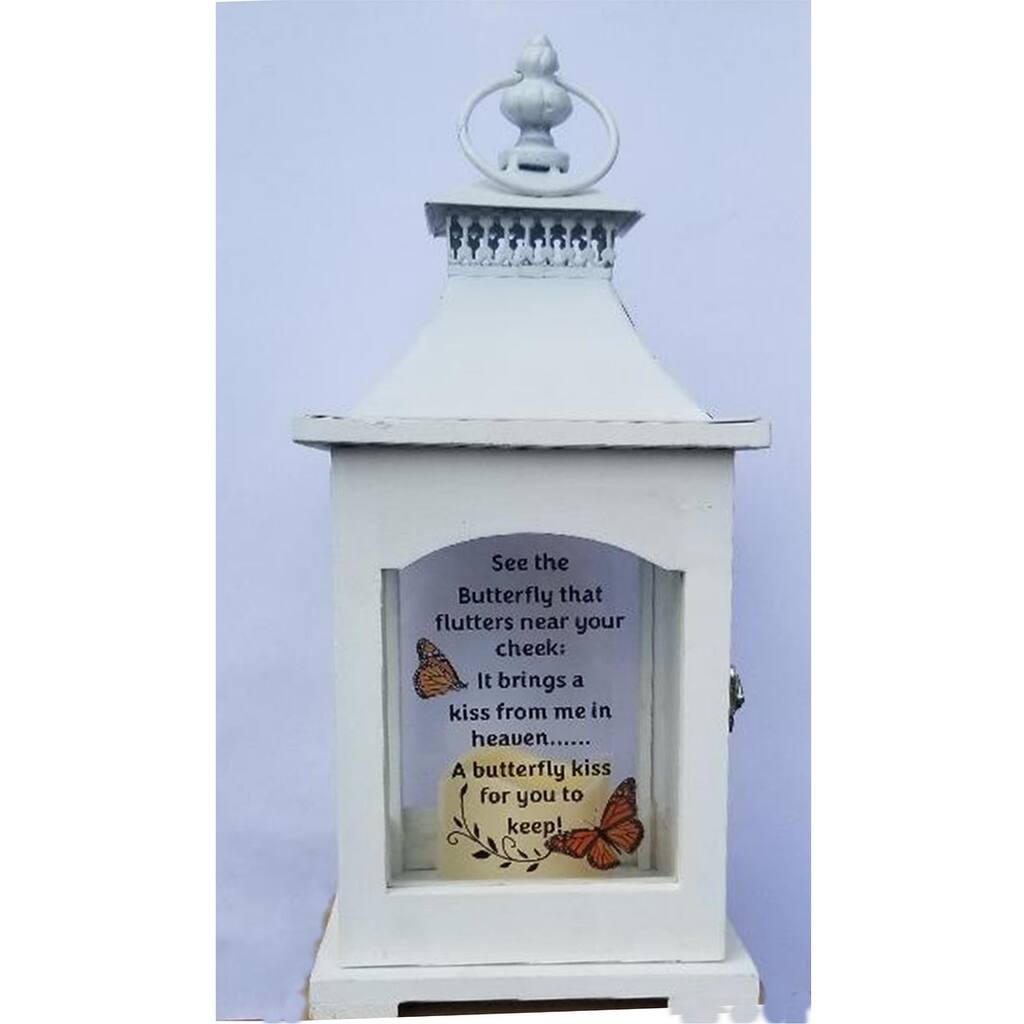 14.75" White Butterfly Kiss Candle Lantern