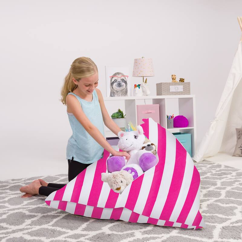 Stuffie Animal Storage Bean Bag Chair Cover, Room Organizer - 200 Liter Capacity Large - Canvas Stripes Pink and White