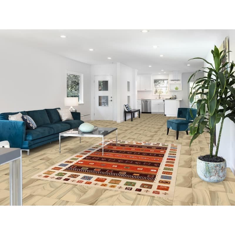 Tribal Geometric Gabbeh Indian Area Rug Orange Handmade Wool Carpet - 5'3" x 7'7"