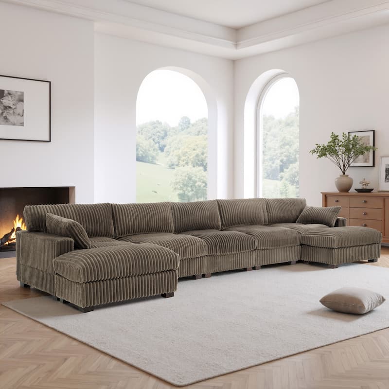 Modern Oversized Plush Corduroy Modular Sectional Sofa with 2 Ottomans - Light Brown-7 Pieces - Symmetrical