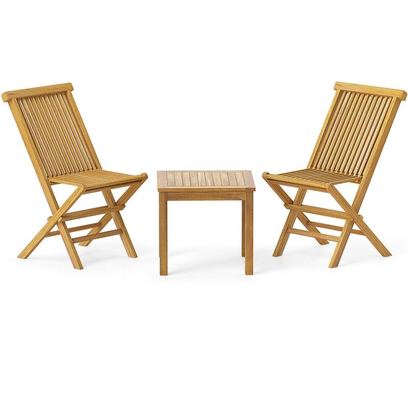 Gymax 3 Piece Teak Wood Bistro Set w/ 2 Folding Chairs & Square Side