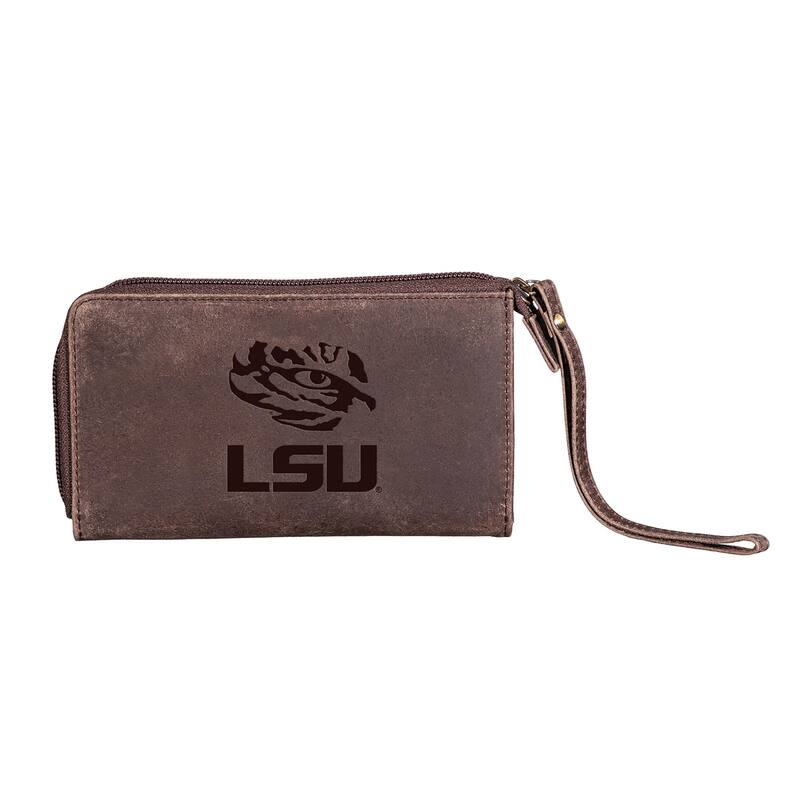 Brown Leather Cell Phone Wristlet Wallet, Louisiana State University - 4" x 7"