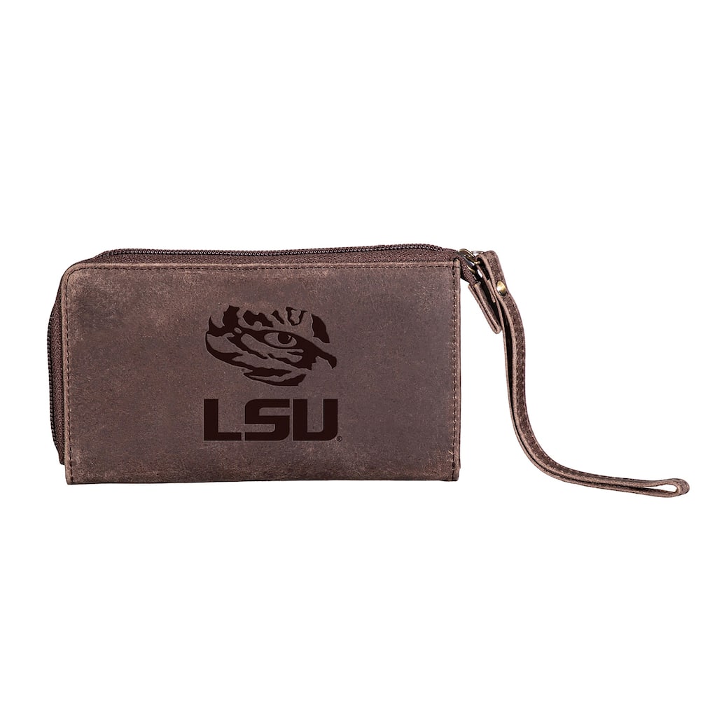 Brown Leather Cell Phone Wristlet Wallet, Louisiana State University - 4" x 7"