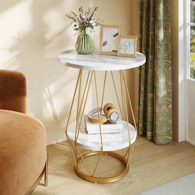 Moasis Modern 2-Tier Faux Marble Side Table Chairside Table with Shelf for Living Room - White