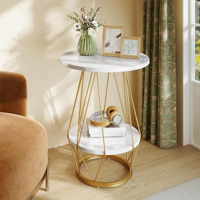 Moasis Modern 2-Tier Faux Marble Side Table Chairside Table with Shelf for Living Room