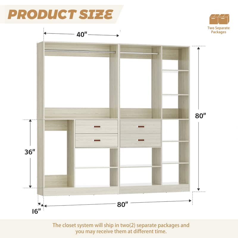 80''W Set of 2 Freestanding Closet System with Drawers, Reversible Wardrobe for Walk-in/ Reach-in Closet