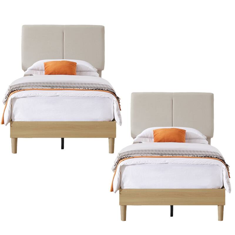 VECELO Wood Frame Upholstered Kids Bed With Headboard,Twin Size Bed Set of 2