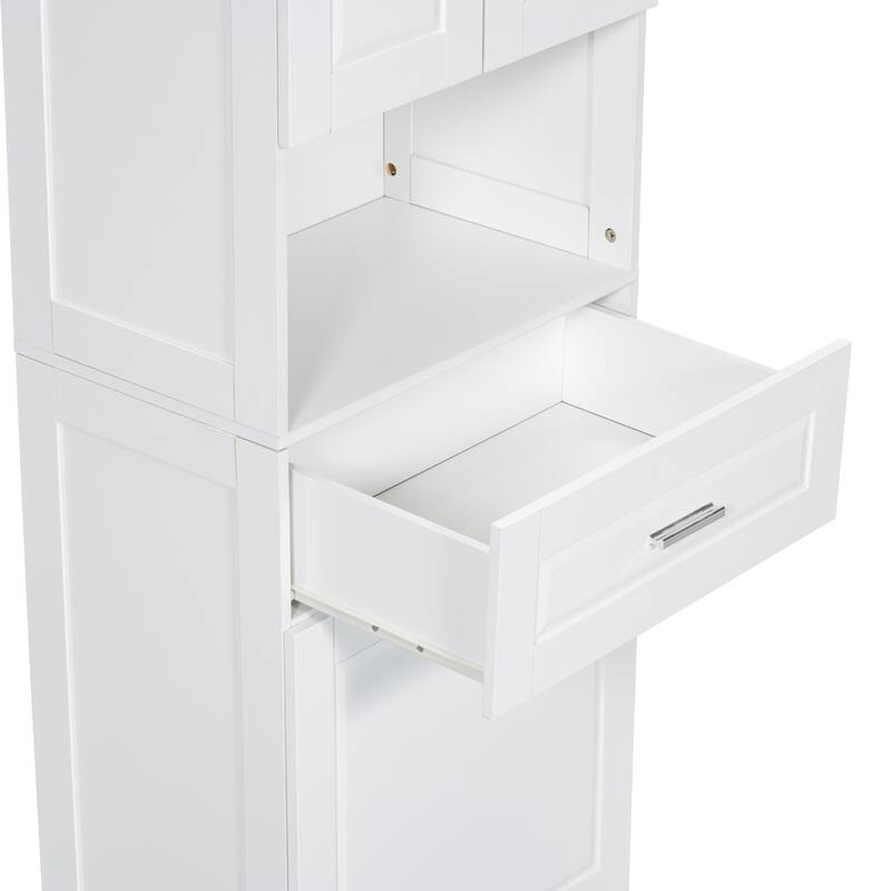 Freestanding Tall Bathroom Double Door Storage Cabinet with Removable Laundry Basket, Open Shelf, Drawer and Adjustable Shelf