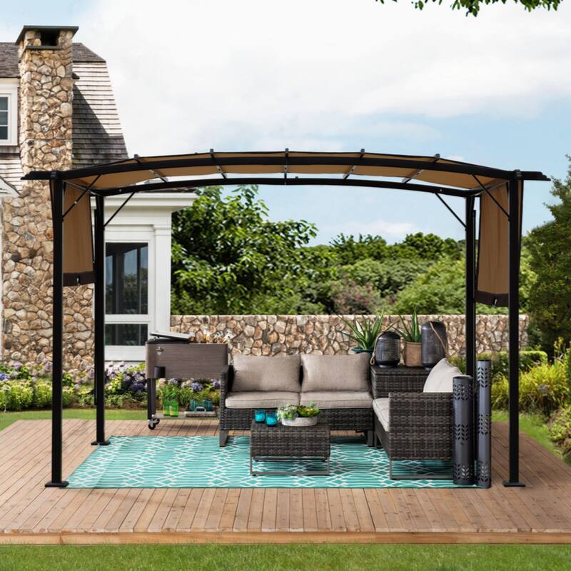 12 x 9 Ft Outdoor Pergola Patio Gazebo,Retractable Shade Canopy,Steel Frame Grape Gazebo - Beige+Brown